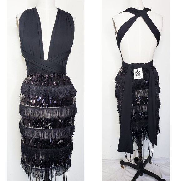 BLITHE Womens Black Fringe and Sequin Party Dress Retro 20s L NWT - Picture 3 of 12